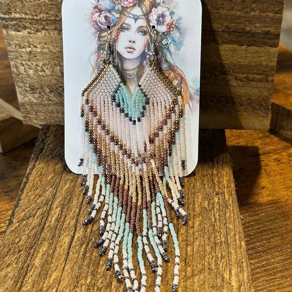 Boho Native American Navajo Seed Bead Dangle Wire Earrings, Turquoise Stone, Gi - Picture 7 of 11